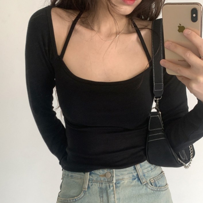 라라온 여성용 홀터넥 스트랩 레이온 스판 긴팔 티셔츠 25TSP3423