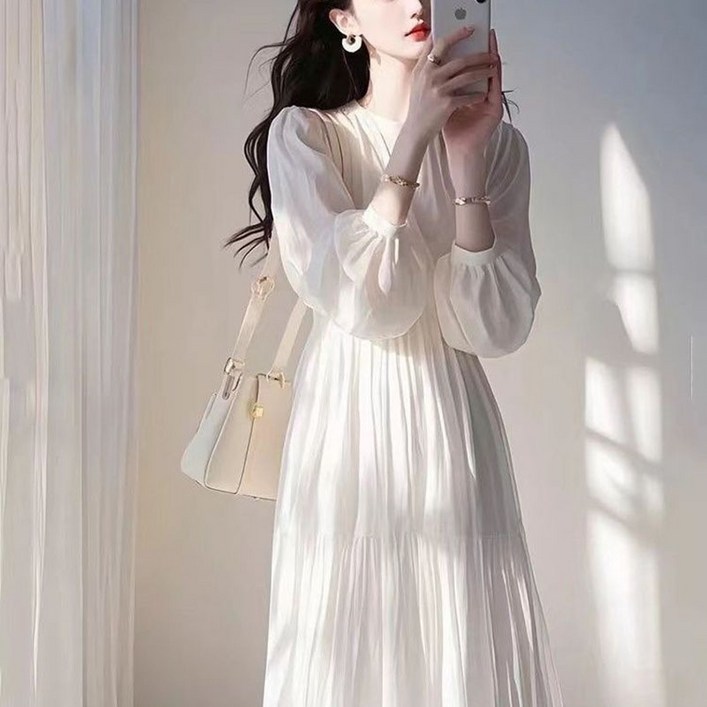여성 긴팔 쉬폰 롱 원피스 여성 봄 가을 프랑스 스타일 주름 배색 솔리드 컬러 라운드넥 원피스 LCL