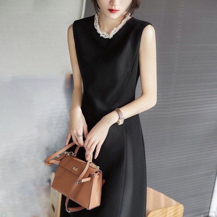 POMTOR 여성 정장 민소매 미디 원피스 화이트 블랙 원피스