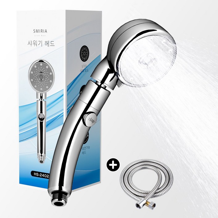 SMIRIA 샤워기 수압상승 절수 5단 조절 원터치 단수 다기능 버블 퓨어 뷰티 온오프 샤워기헤드 호스 세트 1.5m 욕실, 실버, 1세트