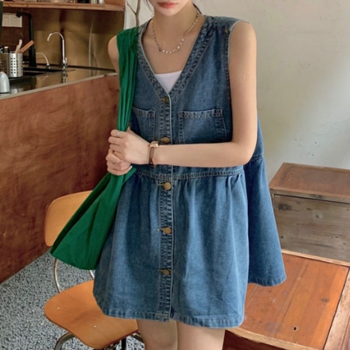 안녕릴리 여성 미니 브이넥 멜빵 데님 슬립 원피스 안녕릴리 여성 미니 브이넥 멜빵 데님 슬립 원피스