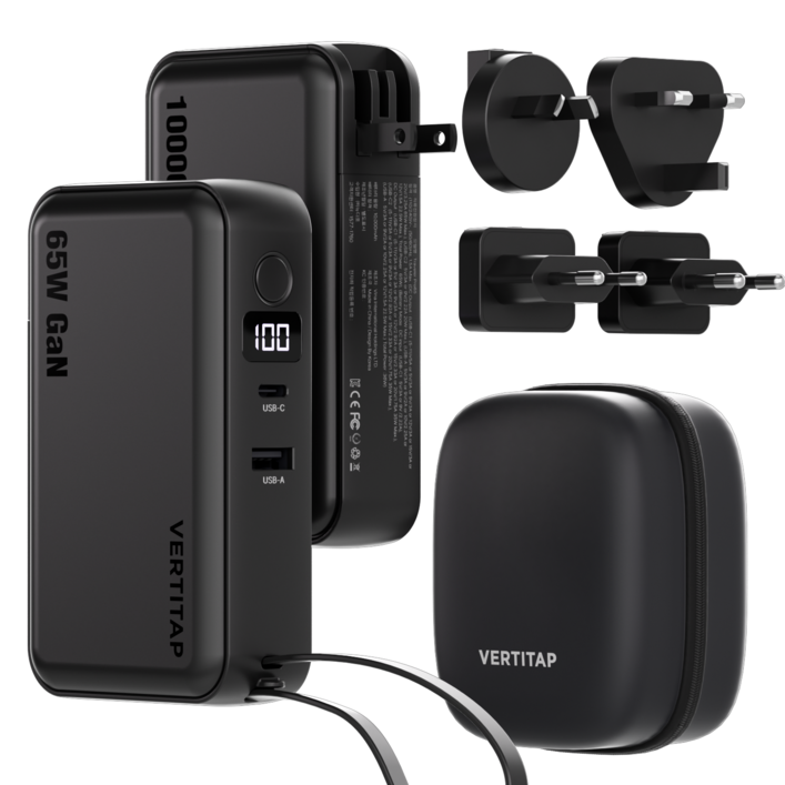 버티탭 트레블러 프로 65W 멀티 어댑터 보조배터리 해외 여행용 멀티탭 usb 전기 콘센트, 1개, 블랙