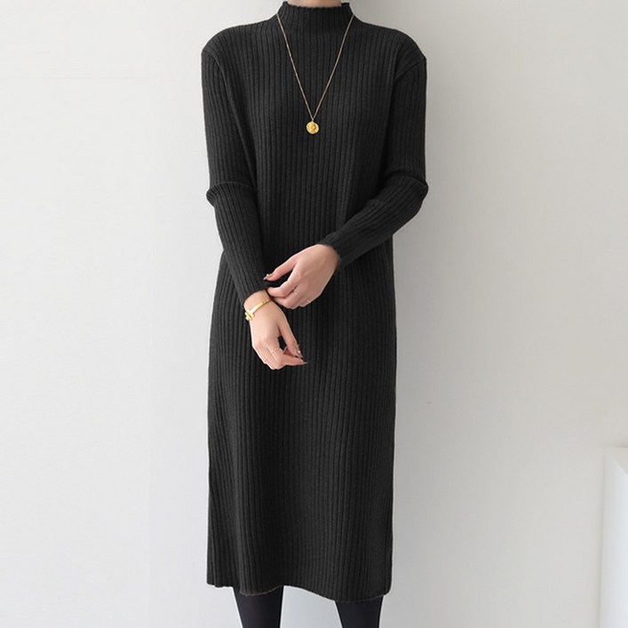 데일리앤 왈츠 루즈핏 반폴라 골지 니트 맥시 롱 원피스