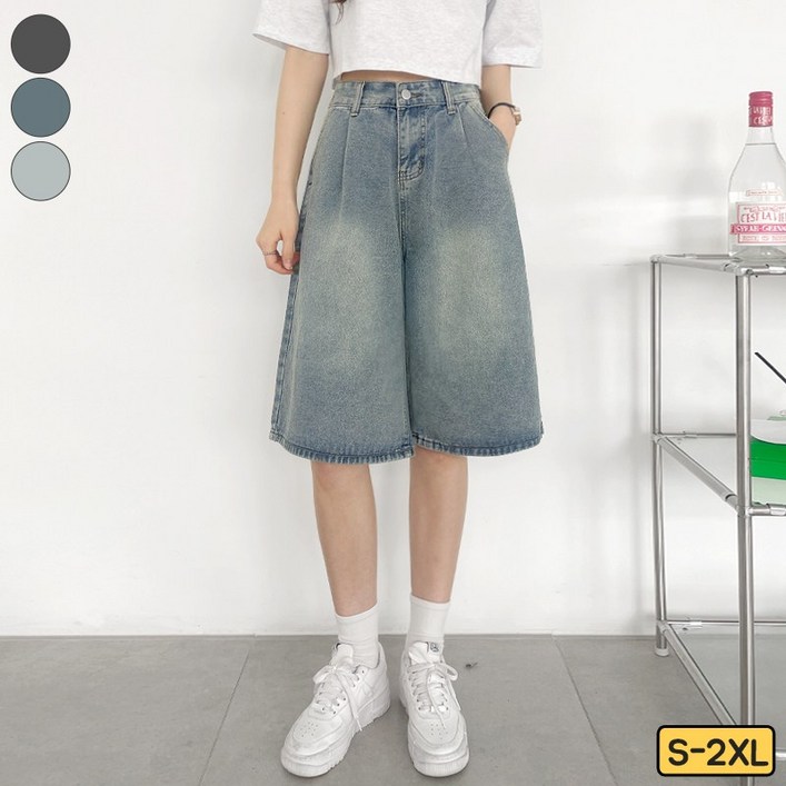 가비진 여성용 허리 조절 버뮤다 워싱 데님 팬츠 5부 청 반바지 바지