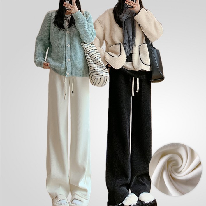 루이벤 여성 코듀로이 기모 와이드바지 스트링포인트 밴딩 팬츠 골덴바지 일자핏 겨울따뜻한 데일리룩 프리사이즈4477