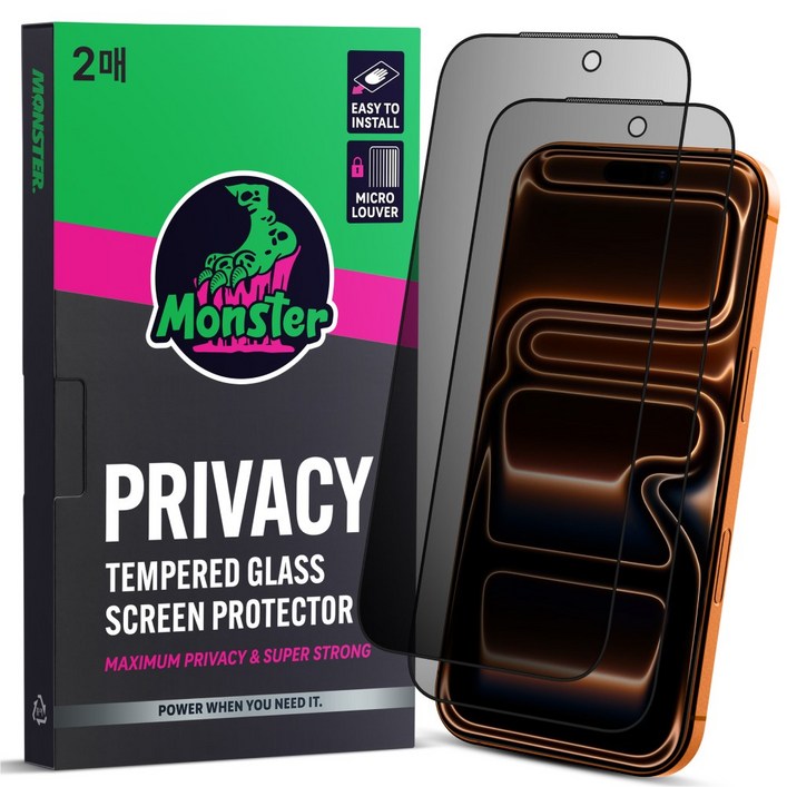 몬스터 사생활보호 슈퍼강력 강화유리 아이폰 보호필름 2매  똥손탈출 부착틀, 1세트