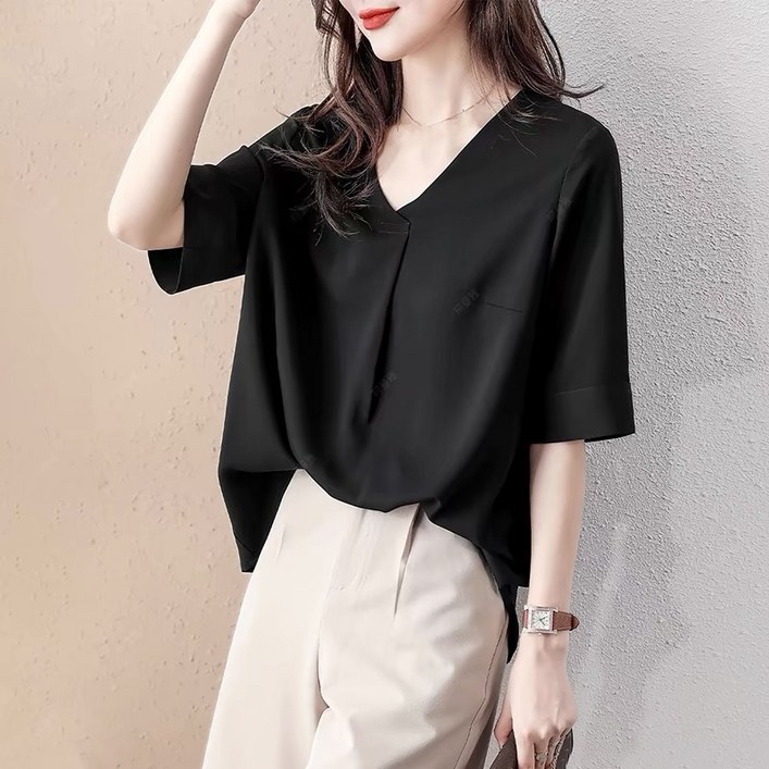 루스리더 여성 캐주얼 쉬폰 브이넥 반팔 블라우스 M194
