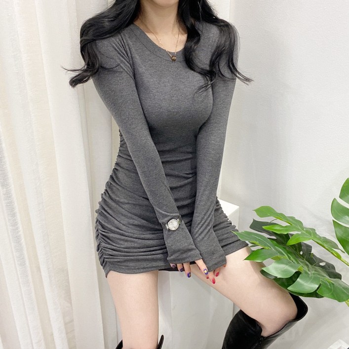 스트릿제이  메이 라운드 스판 양 셔링 미니 긴팔 원피스