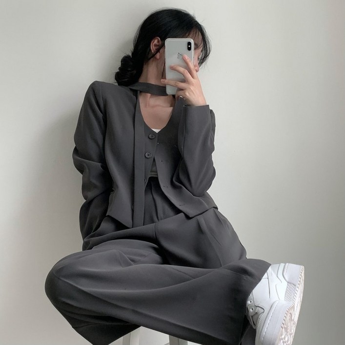 뉴욕멋쟁이 루미 스카프 브이넥 자켓 팬츠세트 허리뒷밴딩바지