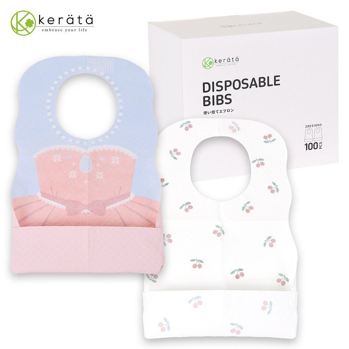 케라타 유아용 일회용 방수 턱받이 개별포장, 1개, 100매, 드레스체리 혼합.