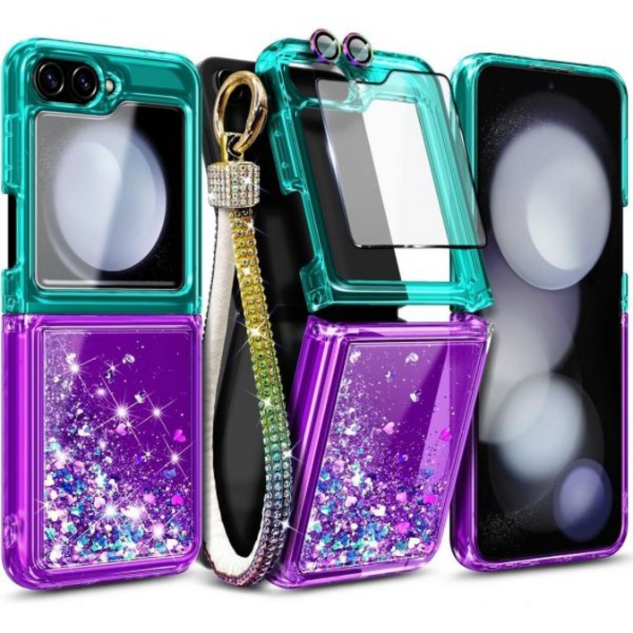 삼성 갤럭시 Z 플립 55G 2023용 NGB 슈프리머시 케이스, 강화 유리 스크린 보호 필름카메라 렌즈 필름다이아몬드 손목 스트랩, 반짝이는 액체가 떠다니는 귀여운 케