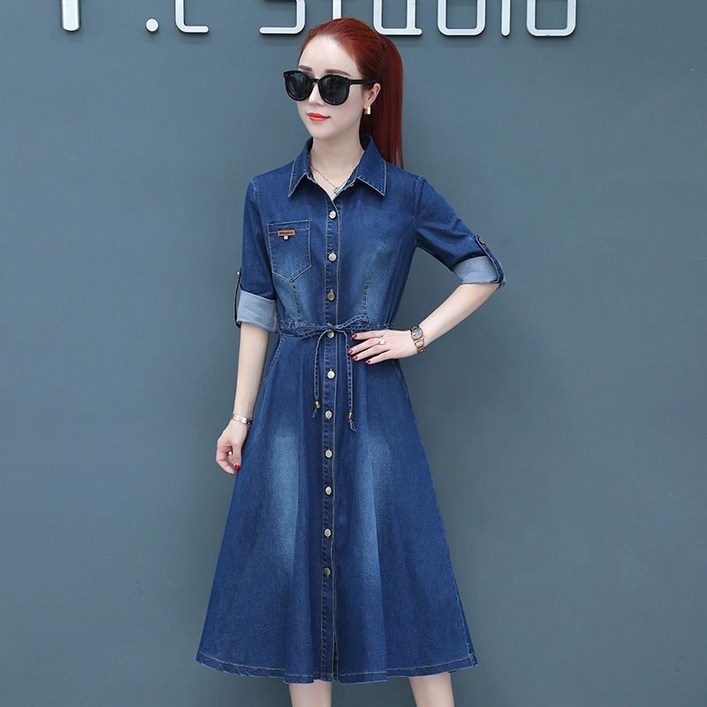 Yanrz 데님 원피스 여자 봄가을 조임 미디 긴팔 a라인 스커트 23N518 Yanrz 데님 원피스 여자 봄가을 조임 미디 긴팔 a라인 스커트 23N518