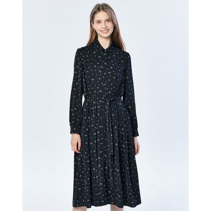 정품 헤지스 원피스 하객룩 여성 폴리 플라워 긴팔 네이비 럭셔리 기념일 축하템 신축성 좋은