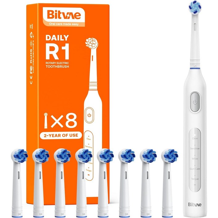 비트베이 R1 회전형 전동칫솔 진동칫솔 칫솔모8개 Bitvae Amazon베스트, 1개, 화이트, R1