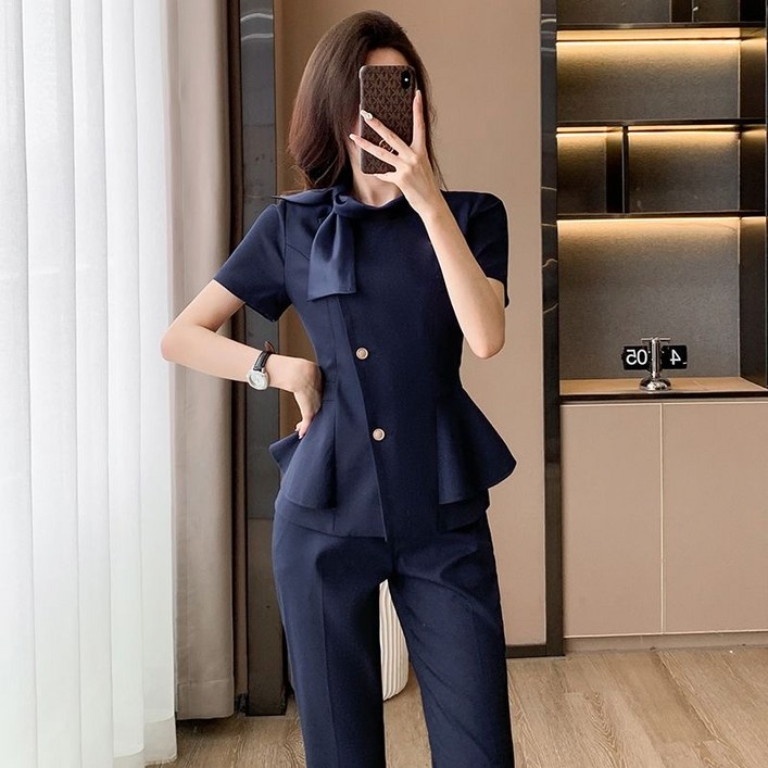 루스리더 여성 신상 오피스룩 스카프 반팔 정장 상하세트 M779