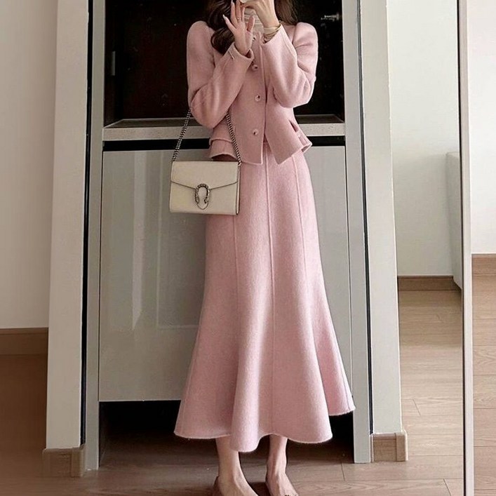 POMTOR 프리미엄 하객룩 빅사이즈 오피스룩 세트 긴팔 자켓롱 스커트 투피스 세트