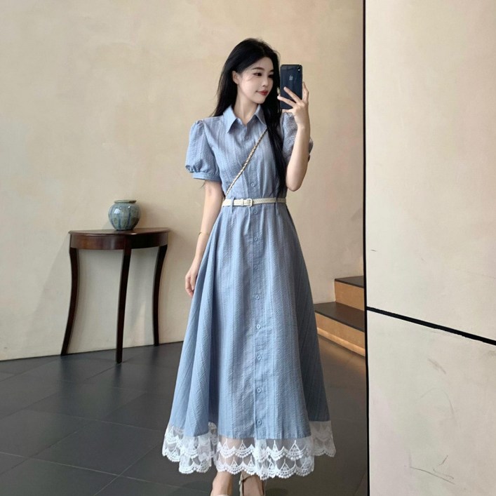 ANYOU 프렌치 감성 여성 여름 원피스 레이스 배색 루즈핏 데일리룩 빅사이즈 벨트 슬림해 보이는 롱원피스 고급스러운 하객룩 바캉스룩 오피스룩