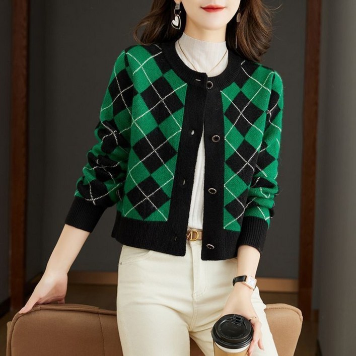 JIEVE 클래식 체크무늬 라운드넥 여성 니트 가디건 긴소매 가을겨울 H16