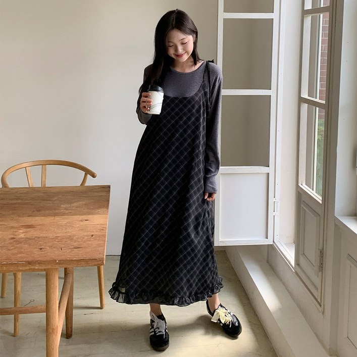 55110 쉬폰 체크 프릴 끈 원피스 여성 빅사이즈 여자 플러스사이즈