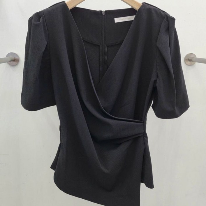 POMTOR 슬림핏 봄 여름 기질 여성 셔츠 브이넥 반팔 티셔츠