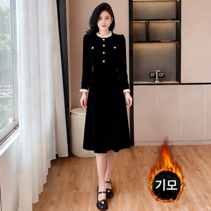 BIKASU 여성 겨울 긴팔 기모 원피스 패션 롱원피스 라운드넥 금장단추 하객룩