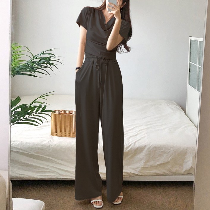 요시아나 당일발송 꾸안꾸 샤르네 드레이프 크롭 반팔티셔츠 롱팬츠 투피스 2컬러