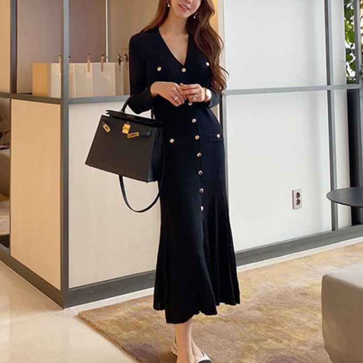 [순이야] C.여성 금장 단추 브이넥 긴팔 롱원피스