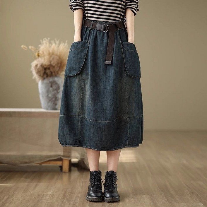 SAHINER 여성 데님 미디 스커트 포켓 캐주얼 봄가을