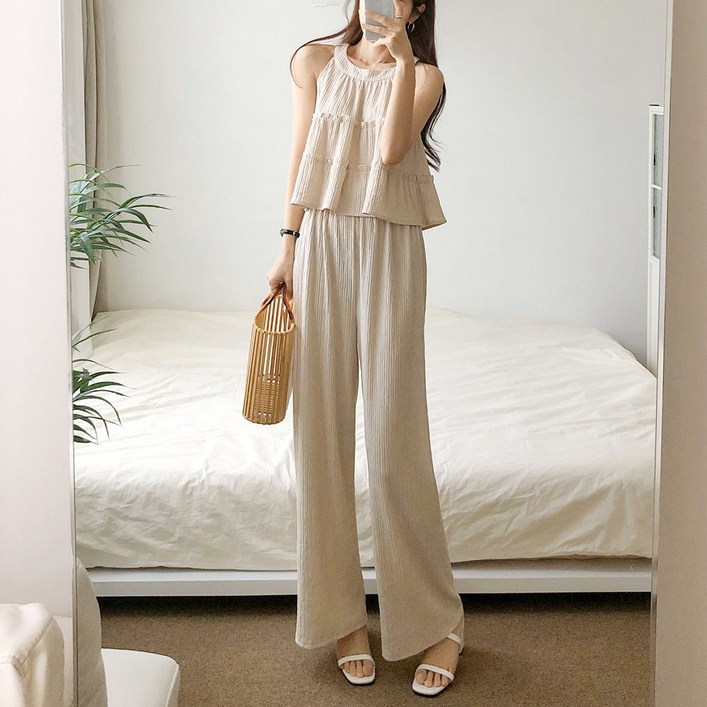 요시아나 당일발송 세이렌 홀터넥 탑 롱팬츠 투피스 세트 2컬러