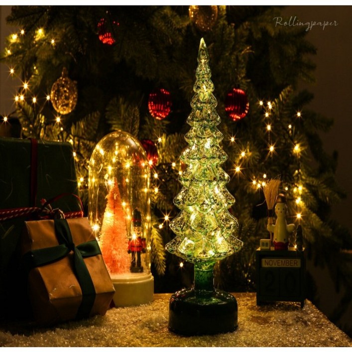 크리스마스 글라스 트리 오로라 LED 무드등 감성 캠핑 감성 소품, 1개