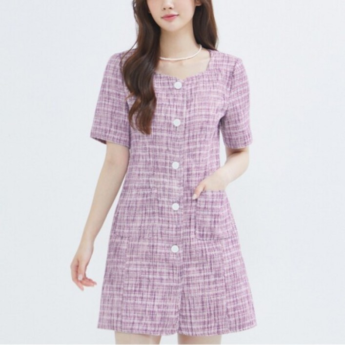 로엠비노출 로엠 넥변형 반팔 트위드 원피스 RMOWC38S11T