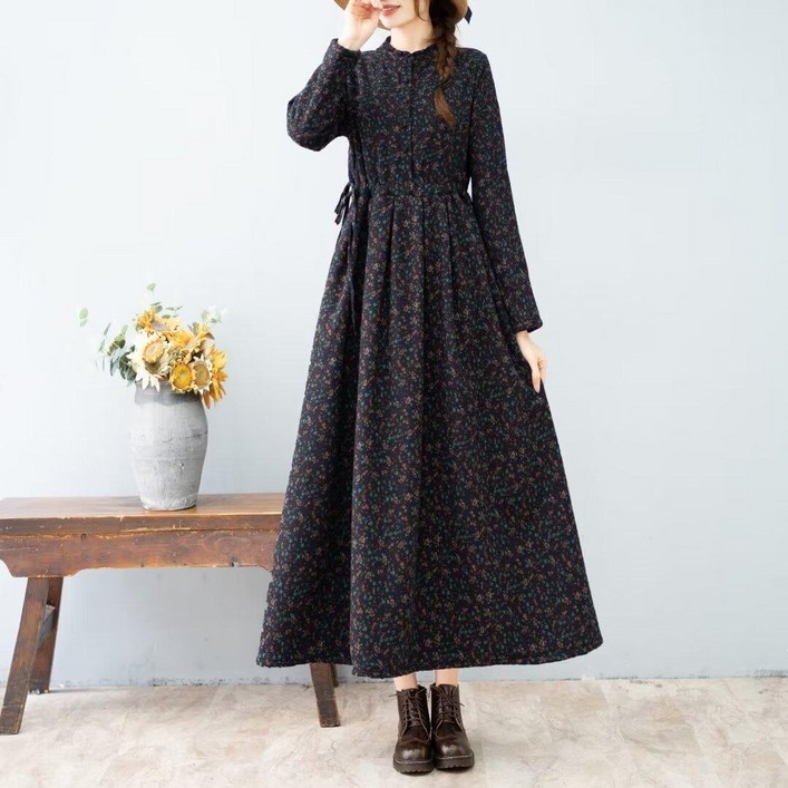 Seofst 여성 가을겨울 플로랄 린넨 롱원피스 기모 두꺼운