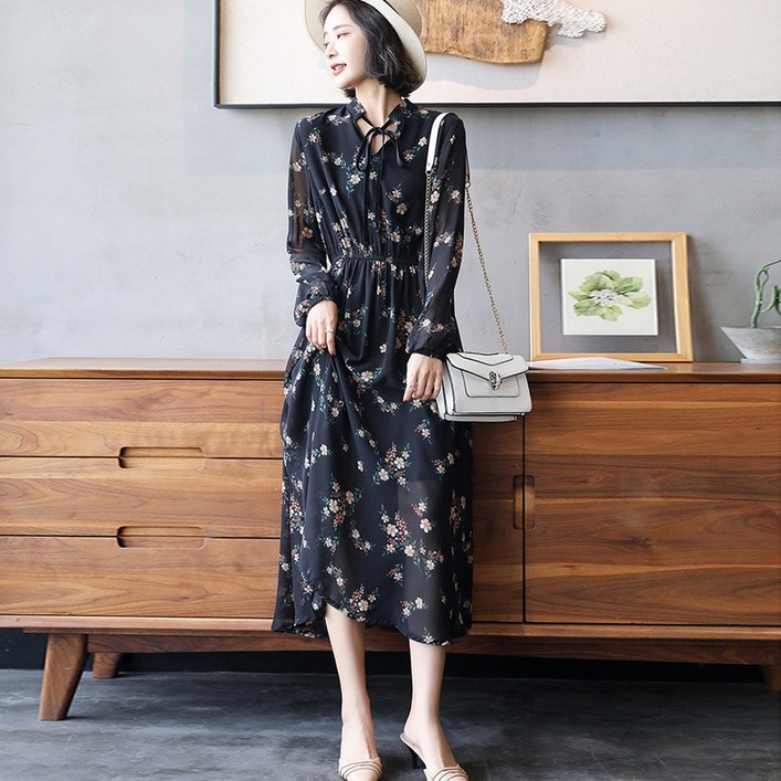 Wiseha 여성 봄 원피스 휴양지룩 허리밴딩 A라인 플라워 쉬폰 롱원피스