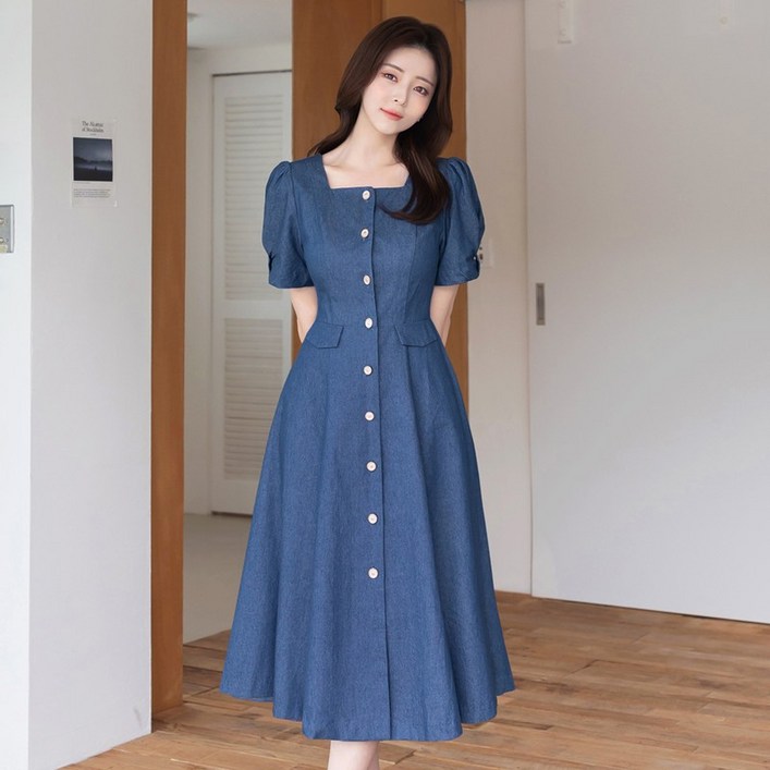 시크라인 로이트 데님 스퀘어 퍼프소매 플레어 원피스 빅사이즈/오피스룩/하객룩 431647