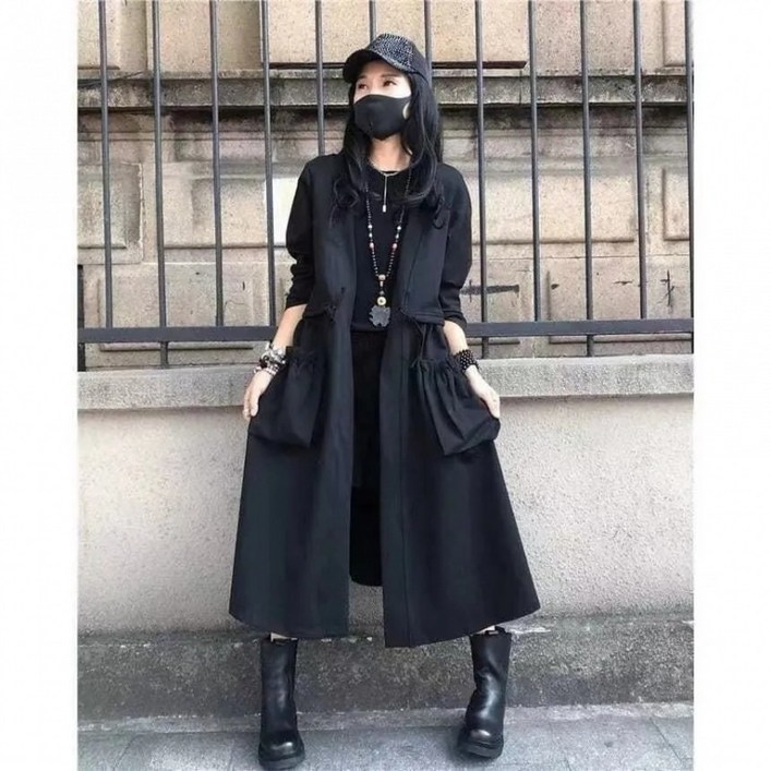 해피유통 여성 가을겨울 순면 버튼없는 롱코트 심플 디자인 허리조임 대주머니