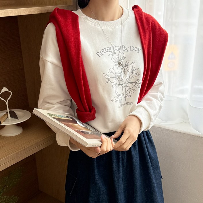 데일리앤 원데이 여성 맨투맨 티셔츠 루즈핏 레터링 프린팅 쭈리 면 긴팔티 봄 가을 간절기