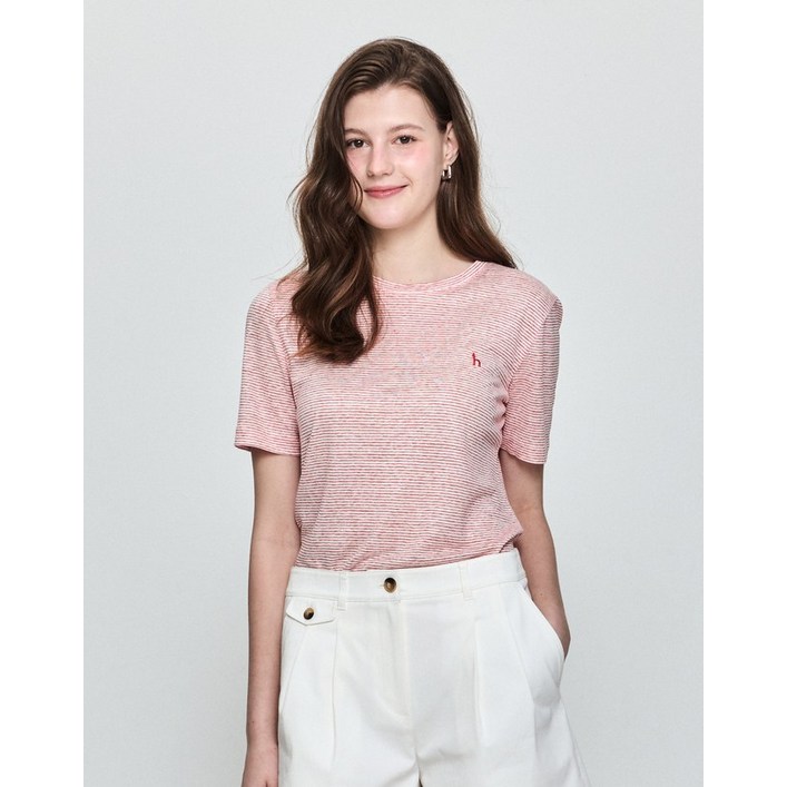 25SS 시즌오프에센셜 라운드넥 린넨100 스트라이프 반팔 티셔츠 레드 HSTS5BC33R2