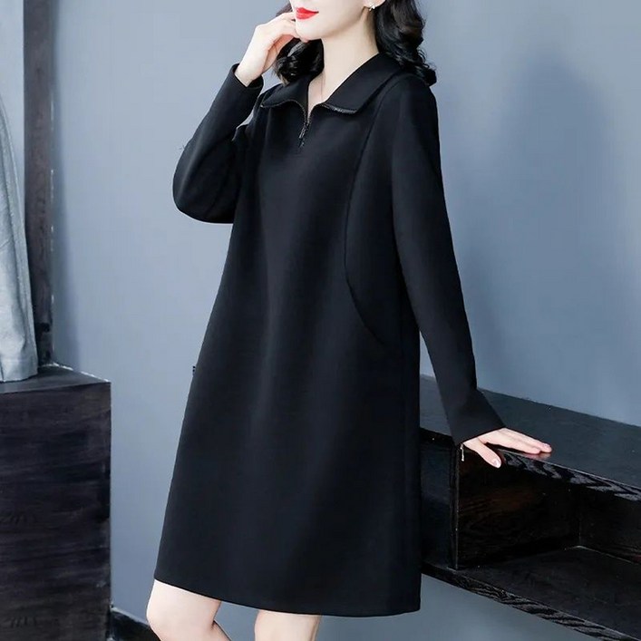 POMTOR 가을 여성용 루즈핏 긴팔 원피스 중년 엄마옷 빅 사이즈 체형커버 기질 캐쥬얼  날씬해 보이는 미디 원피스