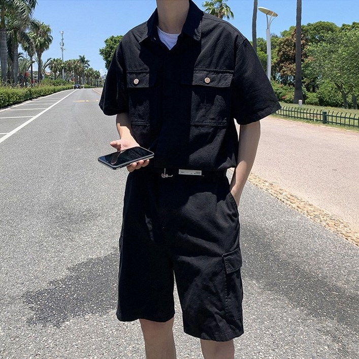 지디오 남성 반팔 점프수트 벨트 카고 반팔 반바지 포켓 카라넥 남자점프수트