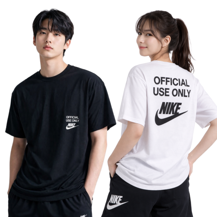 나이키 반팔티 남여공용 스우시 세미오버핏 면티 블랙 화이트 커플 티셔츠 with VIVAJS
