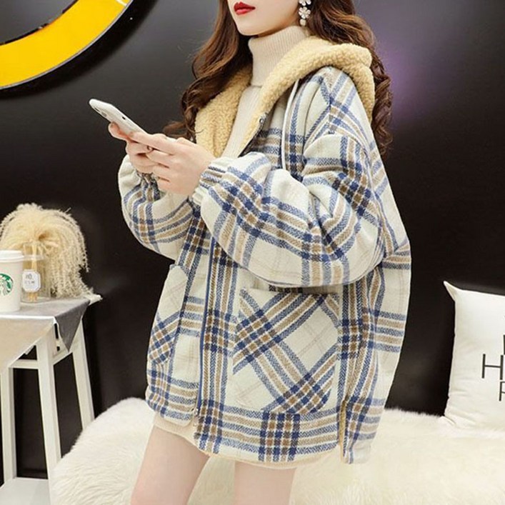겨울 여성 루즈핏 후드집업 숏 플리스 코트 스트라이프 체크 점퍼