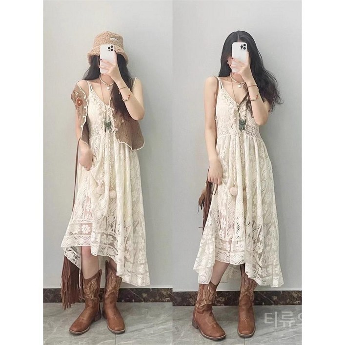 티류으스 여성 뷔스티에 끈나시 원피스 에스닉 보헤미안 플라워 레이스 ZA