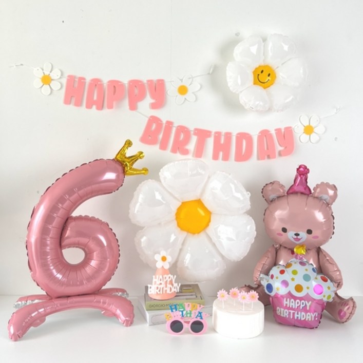 하피블리 크라운 숫자풍선 생일가랜드 안경머리띠 데이지초 세트, 숫자 6번 생일 가랜드핑크