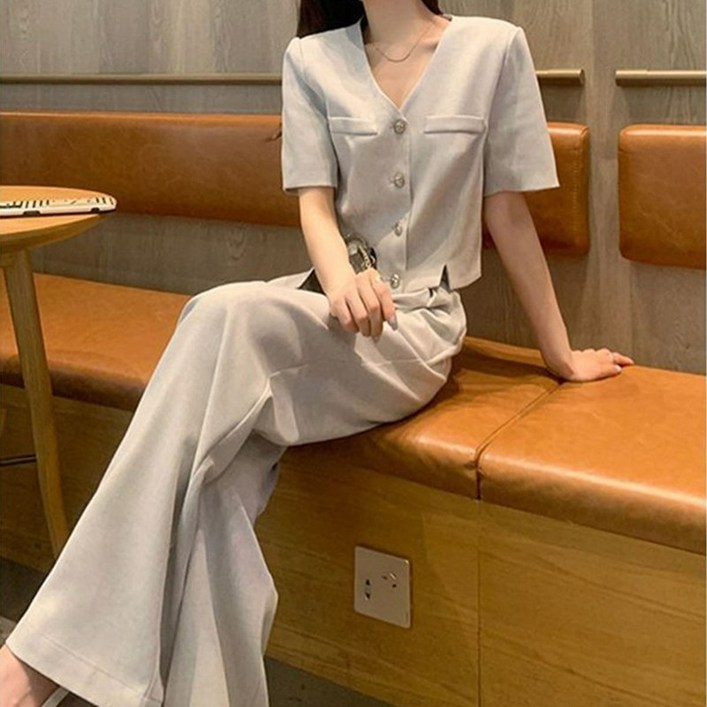 Asure 여름 트위드 반팔 브이넥와이드팬츠 슬림핏 출근룩