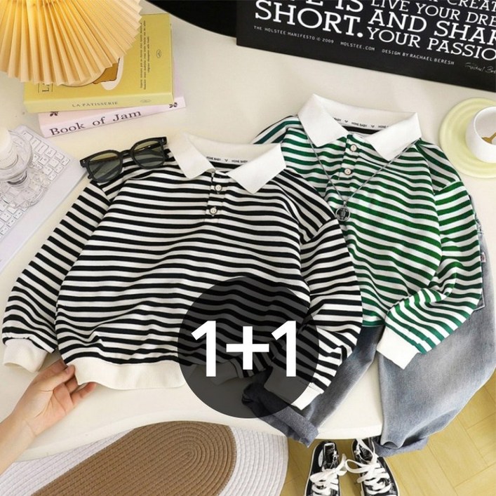 구빠방 아동 단가라 스트라이프 카라 상의 맨투맨 2종세트