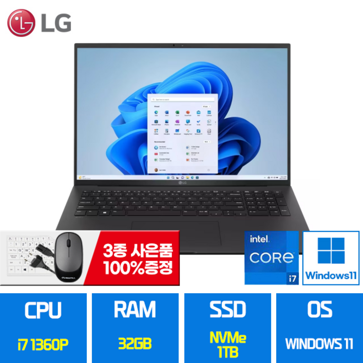 LG그램 17 노트북 인텔i7 13세대 윈도우 11 램 32GB SSD 1TB 홈 WQXGA 17ZB90R-K.AAC8U1, 17ZB90R-K.AAC8U1, WIN11 Home, 32GB, 1TB, 블랙