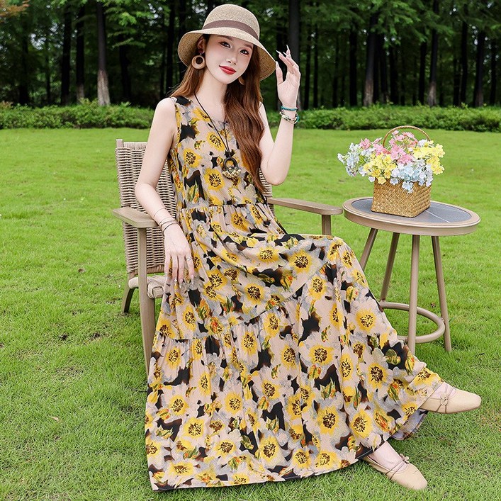 839 인견 레이온 민소매 나시 휴양지룩 빅사이즈 롱 원피스