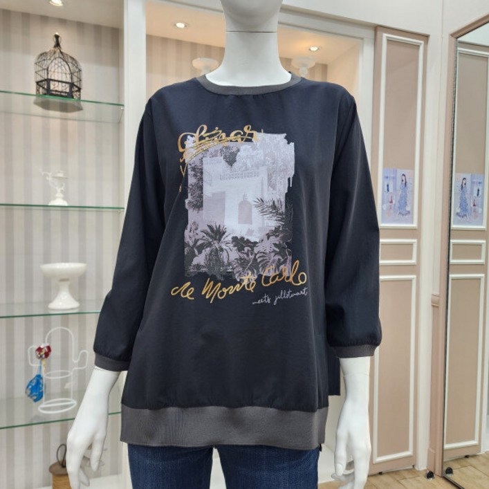 프렐린 라운드넥 오버핏 프린트 블라우스 RBB223220HDD