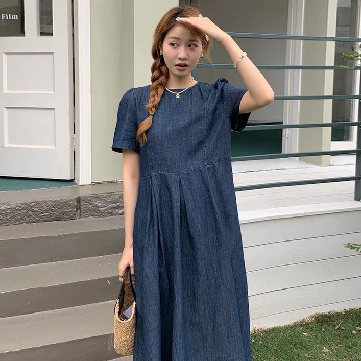 유유라키 반팔 데님 롱 원피스