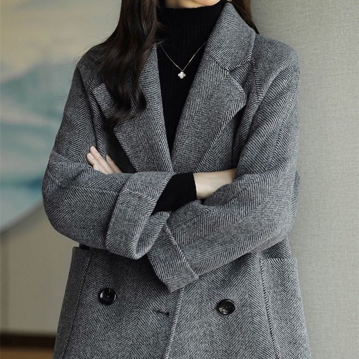 여성 헤링본 더블 카라 하프코트 울코트 3color